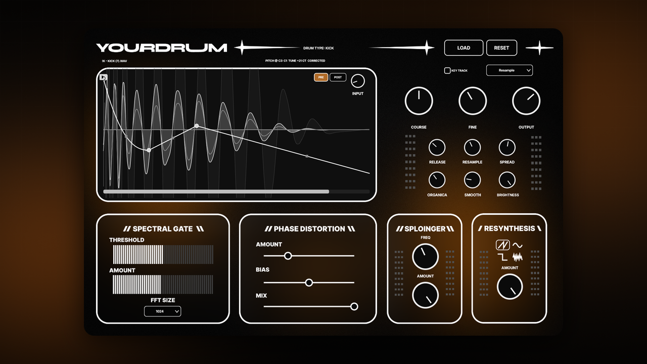 Actual YOURDRUM plugin interface with waveform editor and drum controls